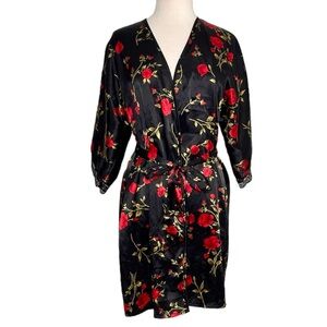 Fashion Bug Floral Satin Robe Black Red M Medium